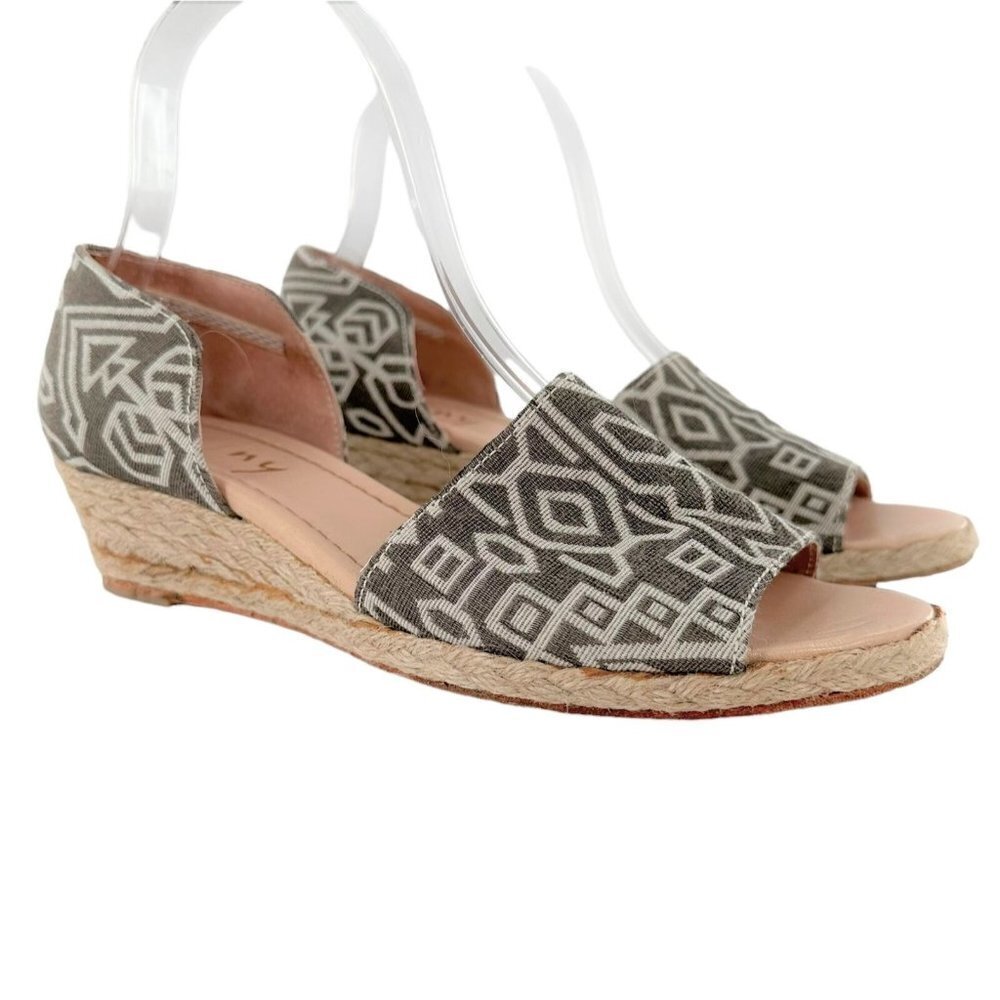 FS/NY Rapture Gray Geometric Print Canvas Open Toe Wedge Espadrilles Size 7